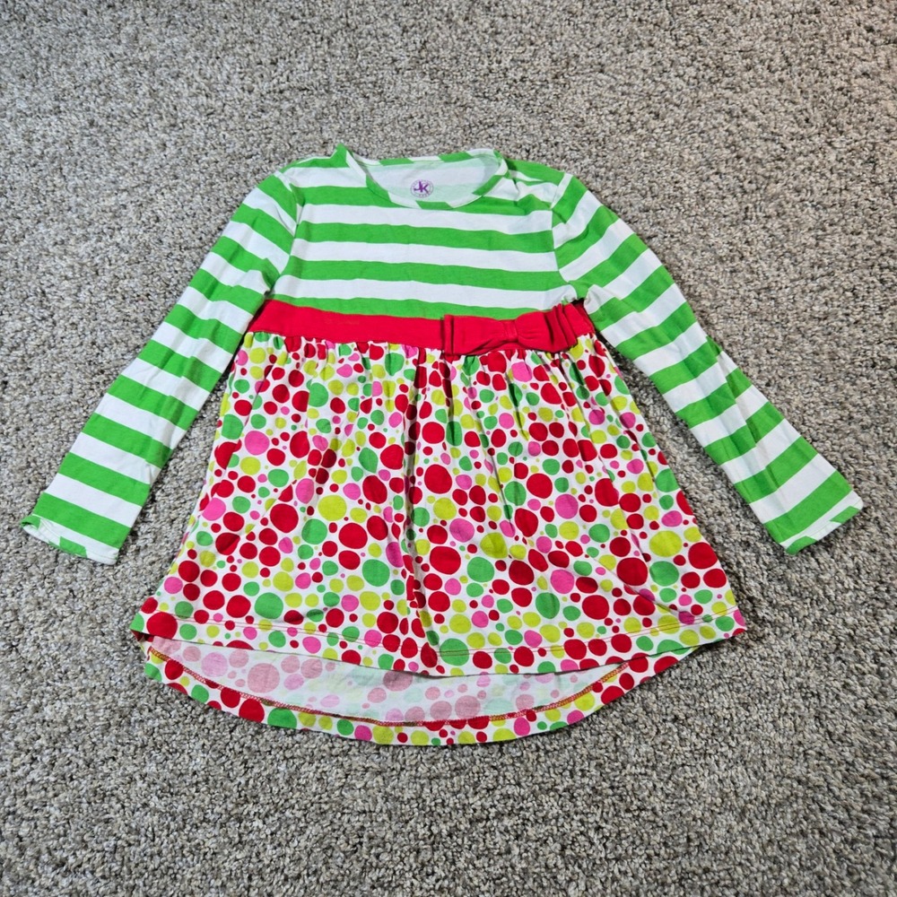 JK Kids‎ Girls Tunic Dress Size 4 Christmas Holiday Striped Polka Dot Red Green